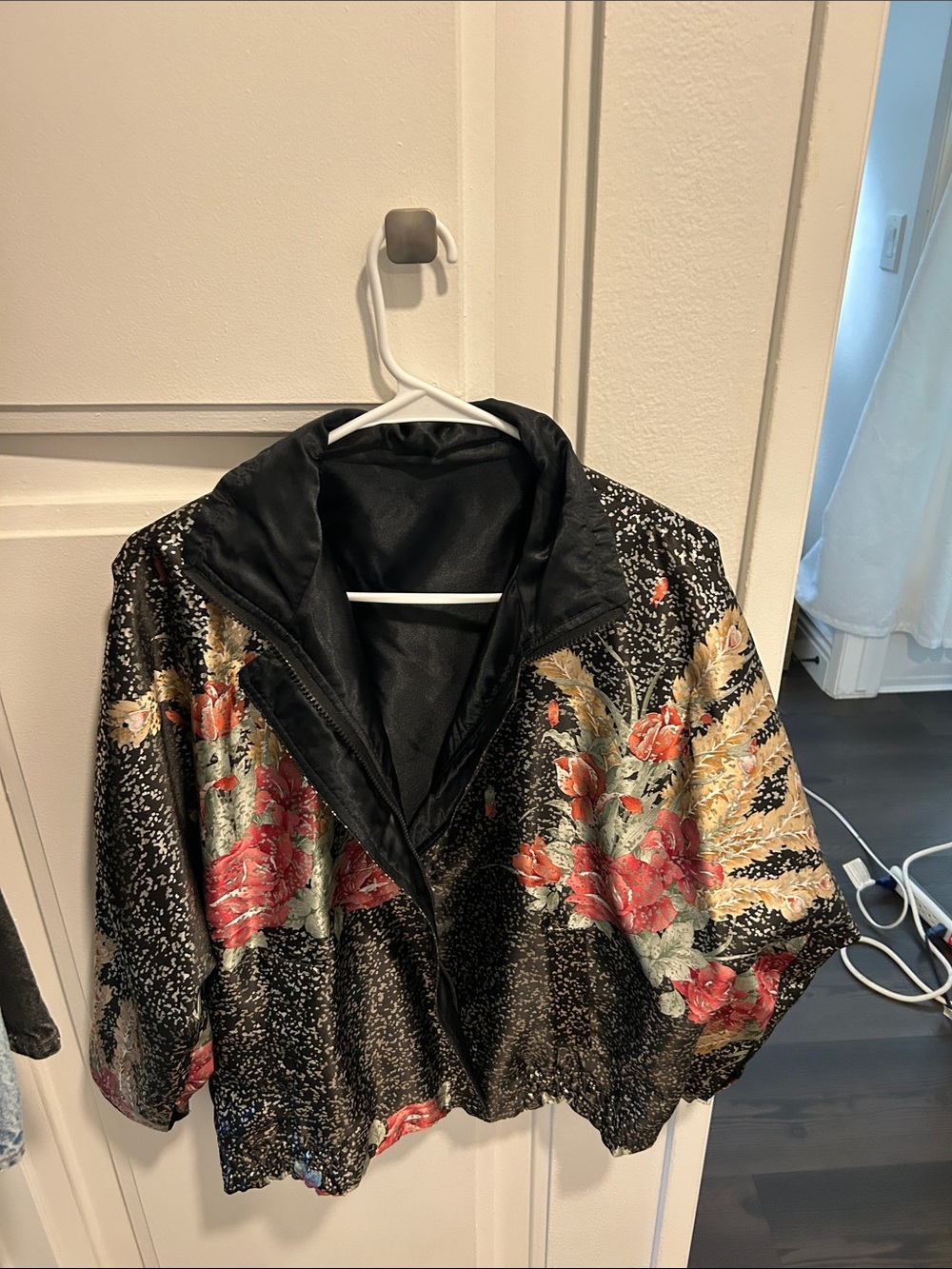 Black Floral Satin Bomber Jacket with Gold Accents